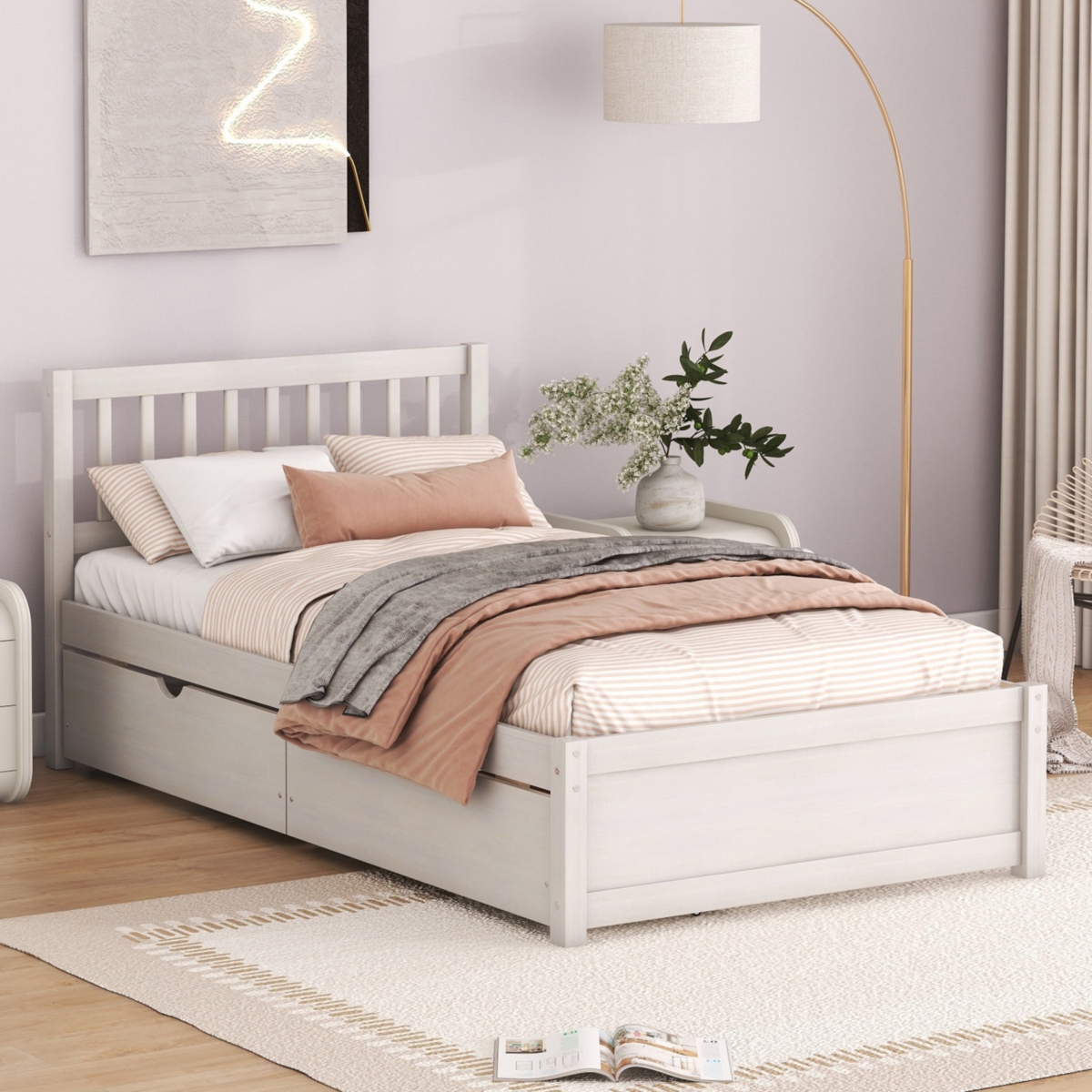Streamdale Furniture Modern Design Wooden Size Platform Bed With 2 Drawers For White Washed Color
