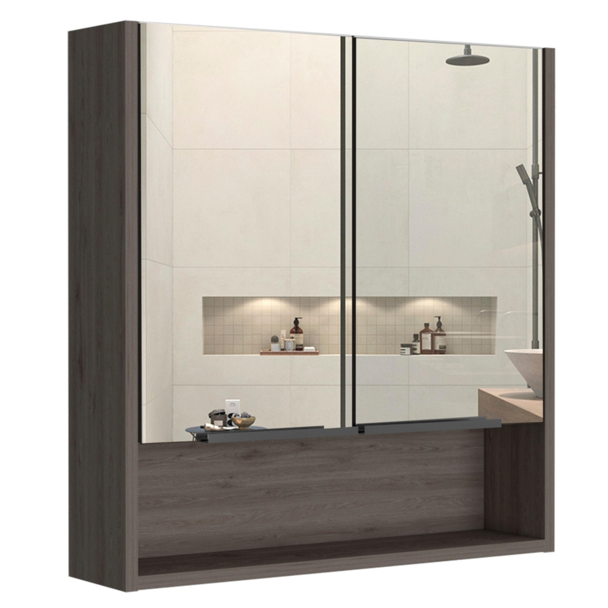 Streamdale Furniture Jaspe Mirror Cabinet, Three Internal Shelves, One Open Shelf, Double Door Cabinet - Light Gray