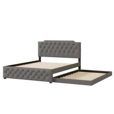 Streamdale Gray Upholstered Queen Platform Bed with Trundle & USB Ports