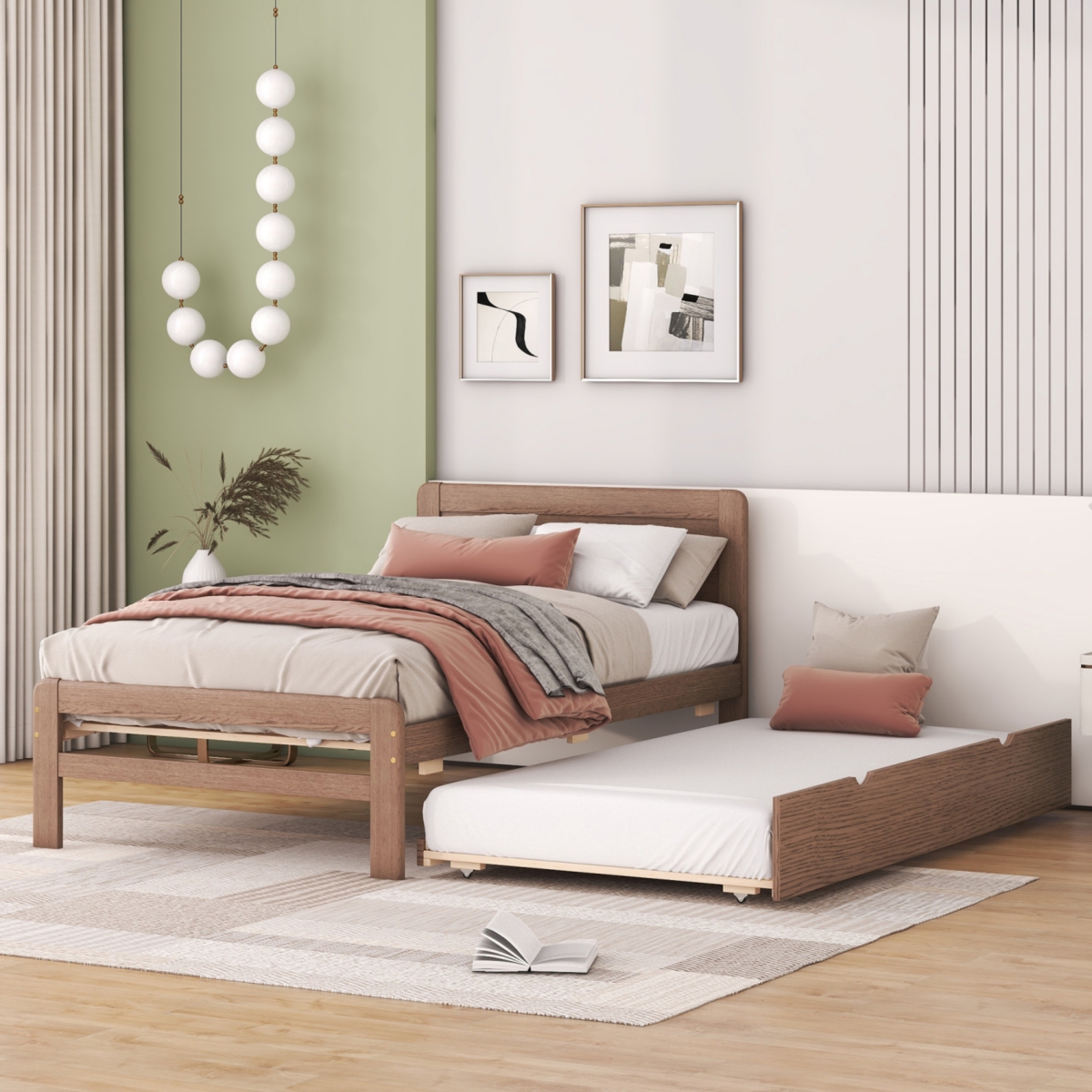 Streamdale Furniture Modern Design Wooden Size Platform Bed Frame With Trundle ForColor - Walnut