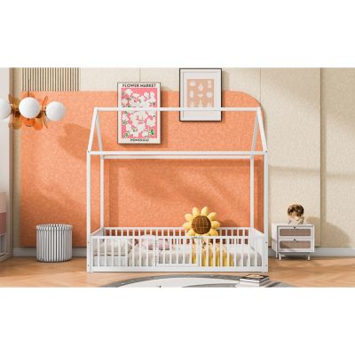 Streamdale Twin Size Metal House Bed With Fence And Door