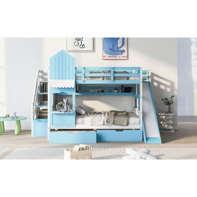 Castle Bunk Bed with Drawers, Shelves & Slide