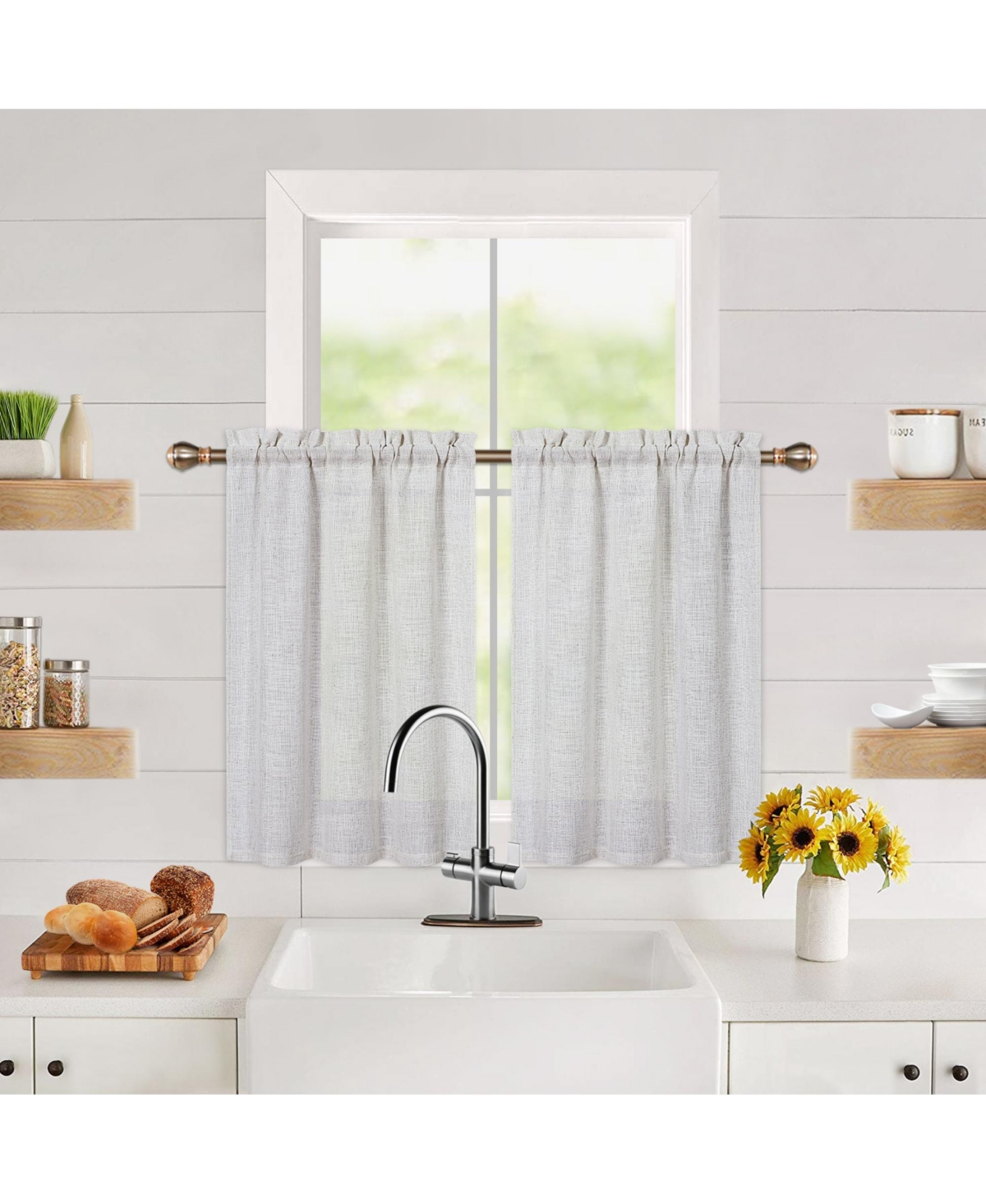 Linen Blend Kitchen Tier Window Curtain Pair, 52" x 30" - Natural Linen White
