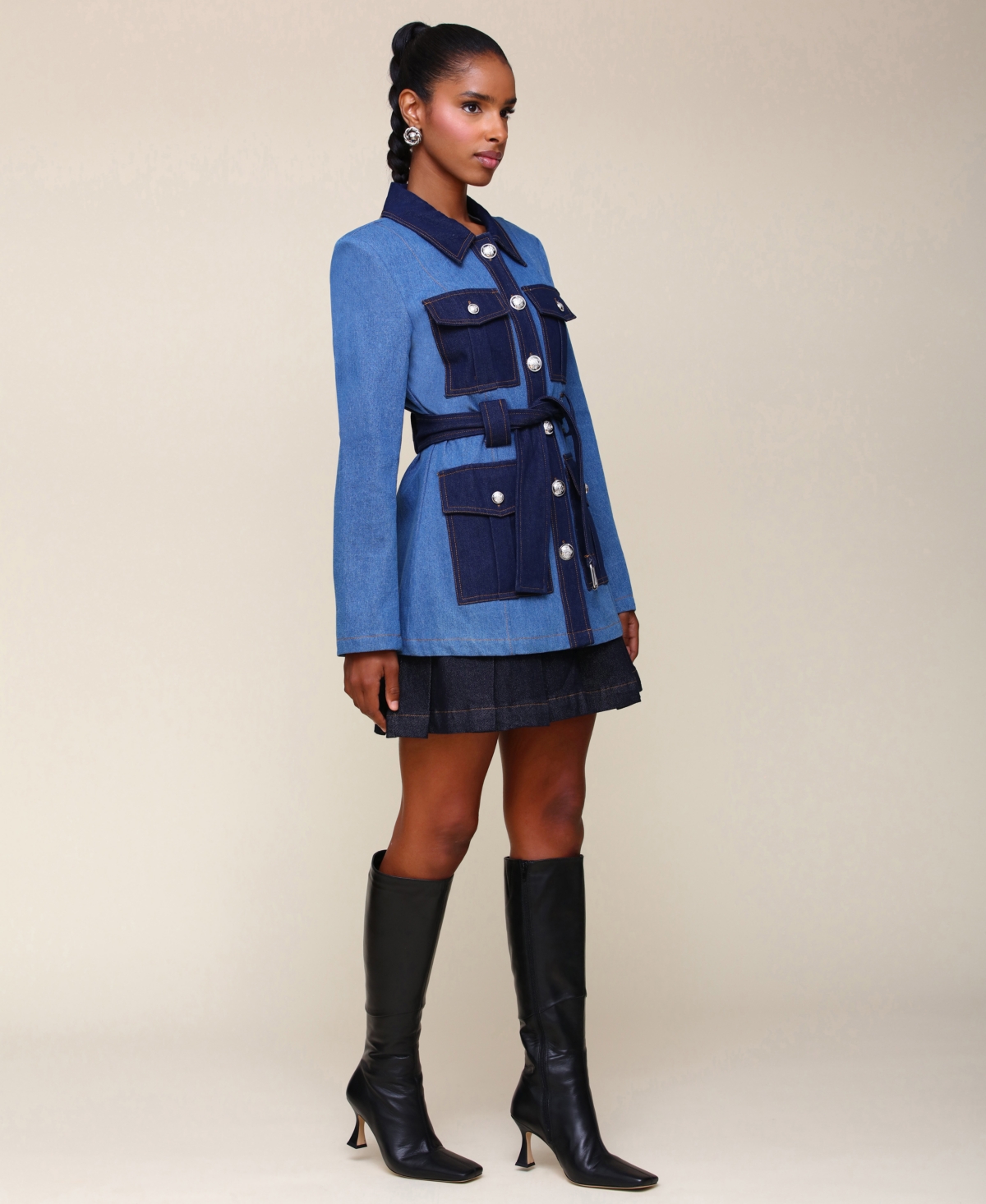 Avec Les Filles Women's Belted Long-Sleeve Military Jacket -Medium Blue