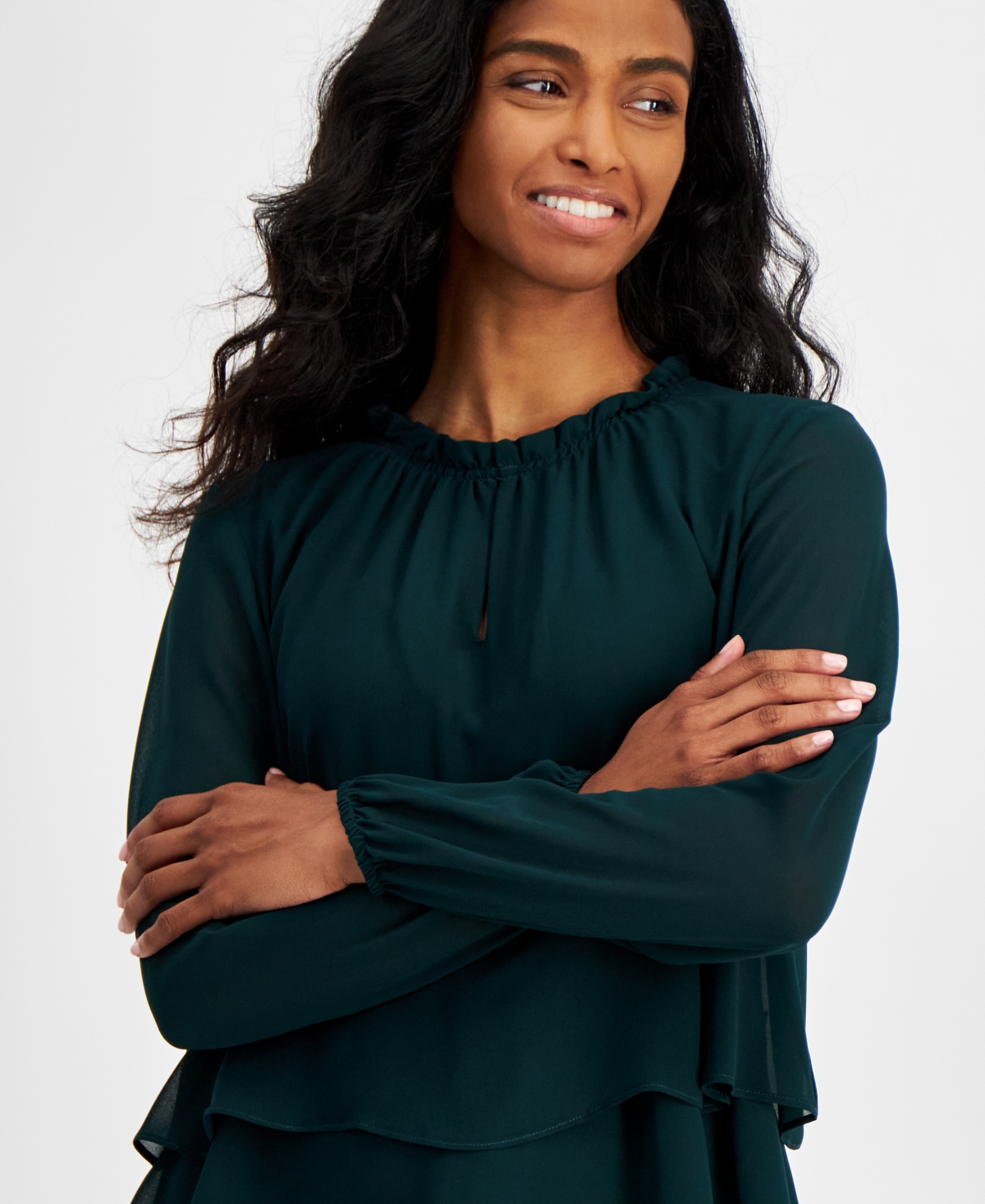 Ak Anne Klein Petite Tiered Long-Sleeve Top