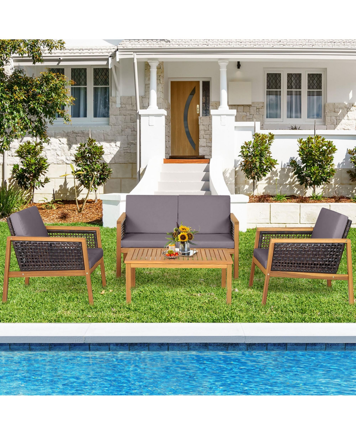 Gymax 4PCS Patio Acacia Wood Furniture Set Pe Rattan Conversation Set w/ Grey Cushions