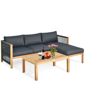3 Pieces Patio Acacia Wood Sofa Furniture Set with Nylon Rope Armrest