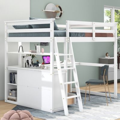 Streamdale Full Size Loft Bed With Desk And Shelves, Two Built-In Drawers