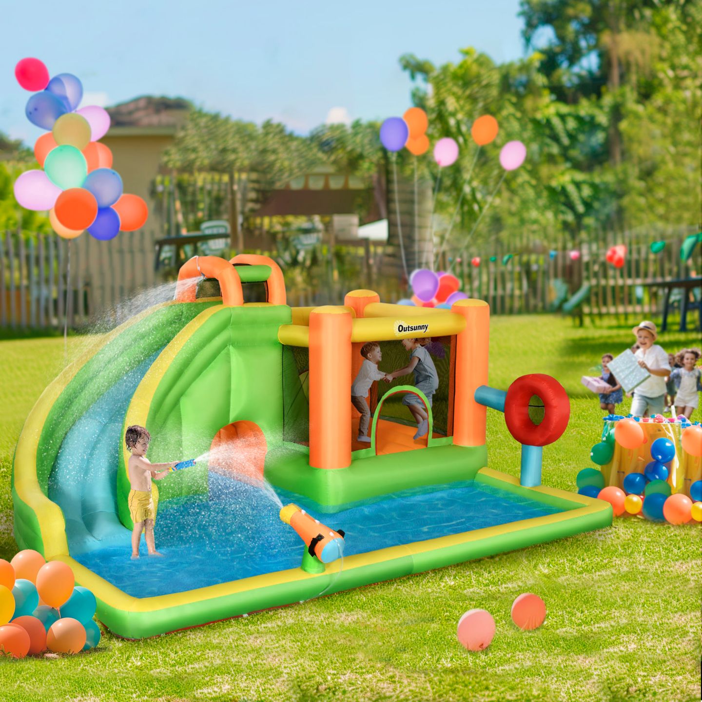 Детская игрушка Outsunny 7-in-1 Backyard Inflatable Bounce House with Slide & Water Blaster, Ages 3-8 — фото 2