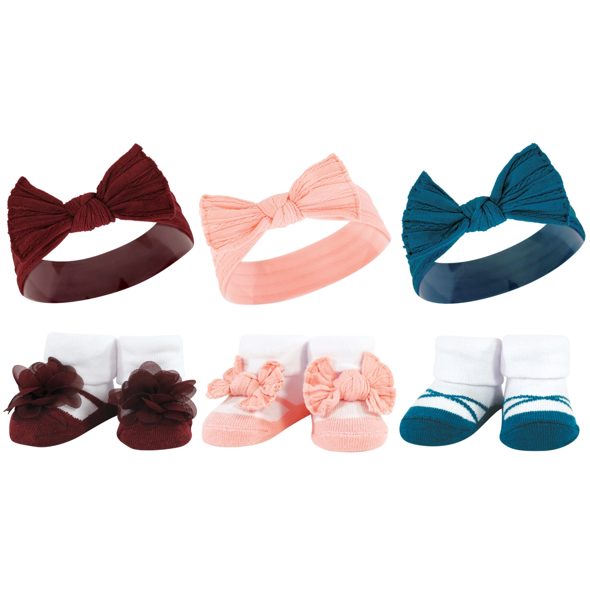 Hudson Baby Infant Girl 12Pc Headband and Socks Giftset, One Size - Burgundy teal