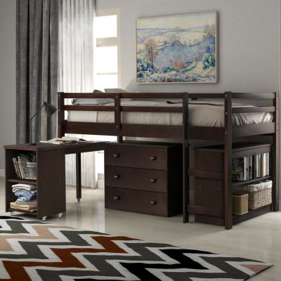 Twin Wood Loft Bed with Cabinet & Rolling Desk Low Study Design
