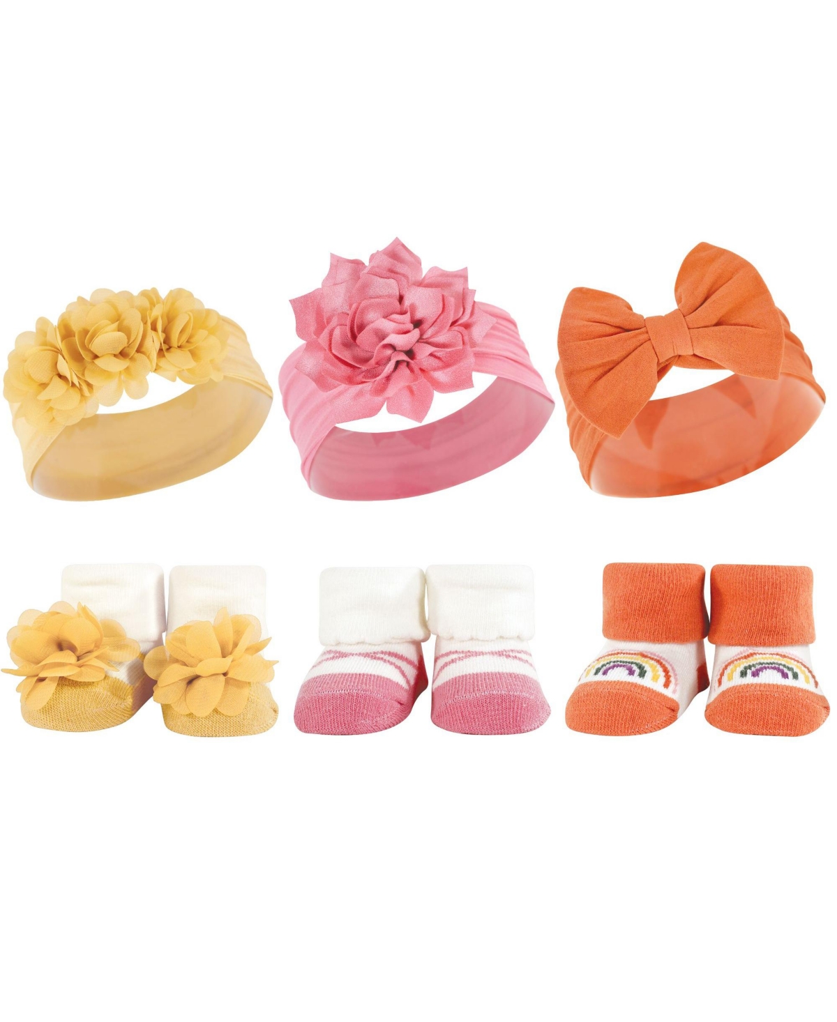 Hudson Baby Infant Girl 12Pc Headband and Socks Giftset, One Size - Burgundy orange yellow orange