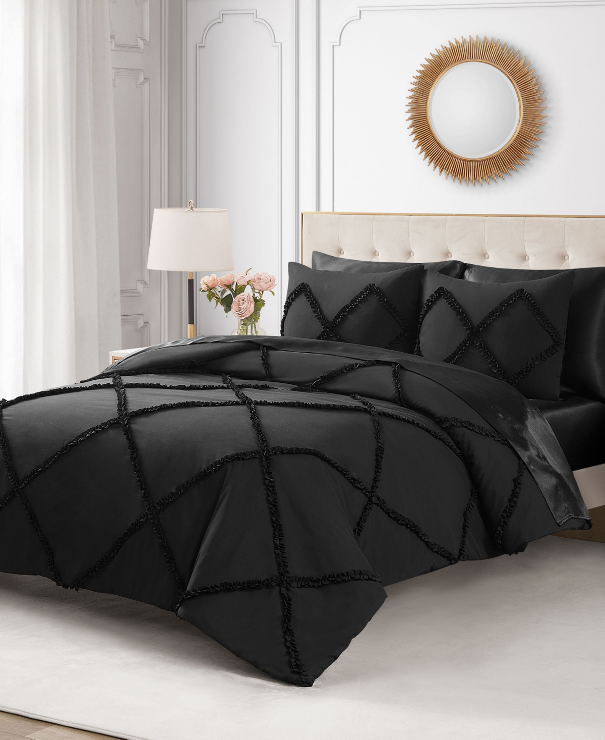 Juicy Couture Diamond Ruffle 3 Piece Reversible Comforter Set, King In White
