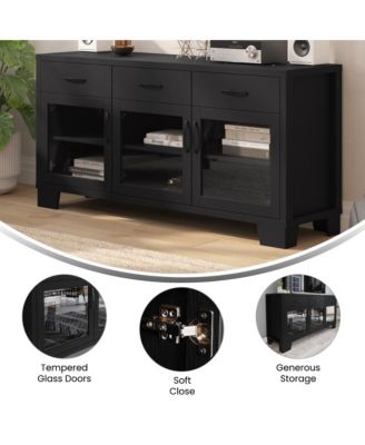 Samson Three-Drawer Engineered Wood Buffet Sideboard Cabinet With Three Tempered Glass Cabinet Doors For Dining Room/Kitchen