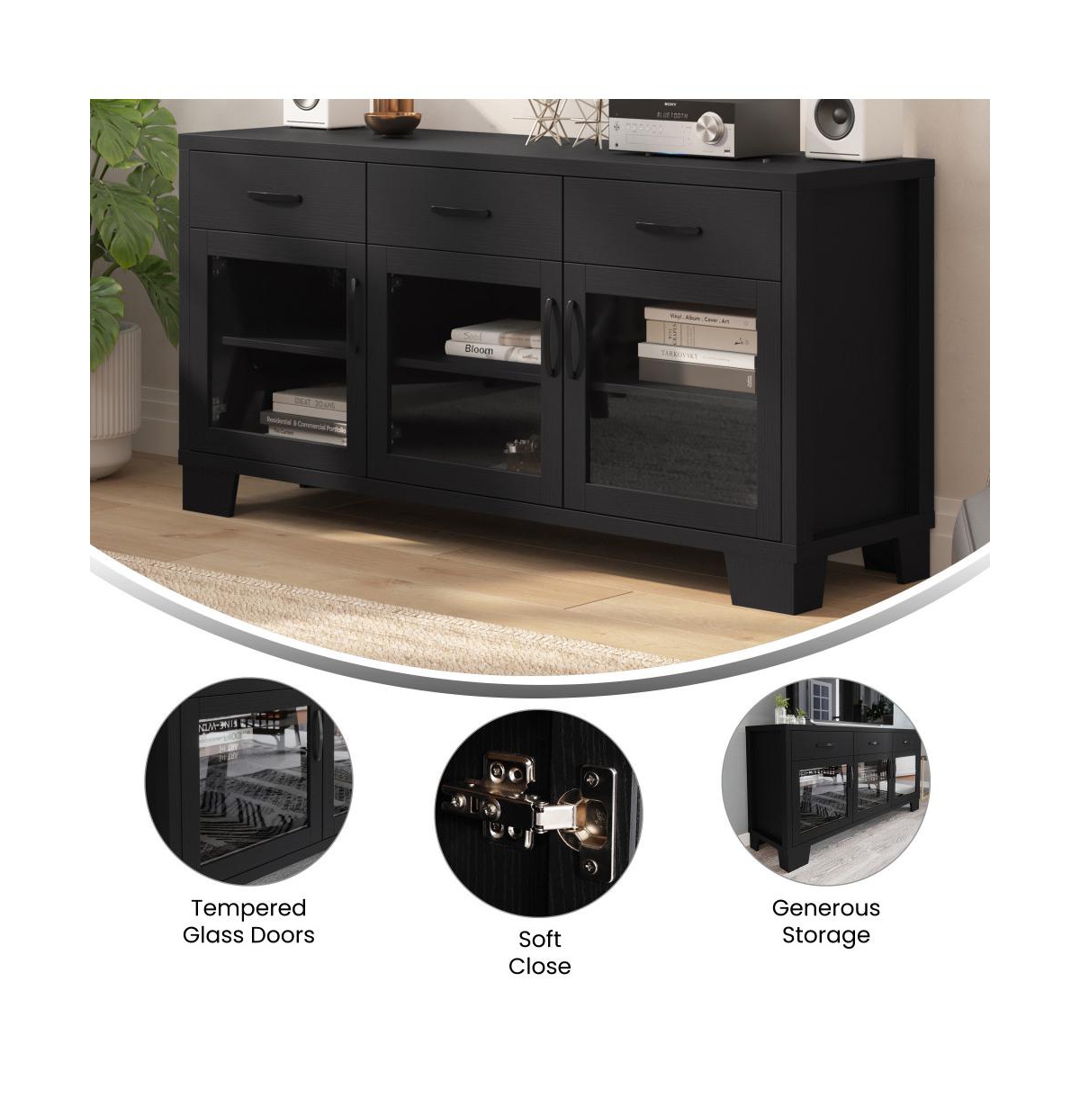 Merrick Lane Samson Three-Drawer Engineered Wood Buffet Sideboard Cabinet With Three Tempered Glass Cabinet Doors For Dining Room/Kitchen
