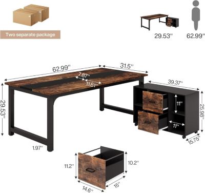 63" Computer Desk with 40" Lateral File Cabinet Set, Executive Desk and Mobile Drawer Cabinet , Modern Furniture Set