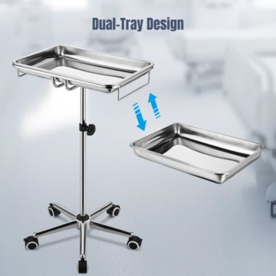Mobile Mayo Stand Stainless Steel with Handle 2 Pack Trays on Wheels Adjustable Height for Medical Dental Salon Tattoo Lab