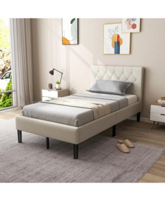 Twin Size Upholstered Platform Bed with Button Tufted Headboard-Beige
