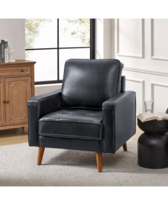 Mid-century Modern Elizabeth Genuine Leather Armchair with Wood Flared Legs