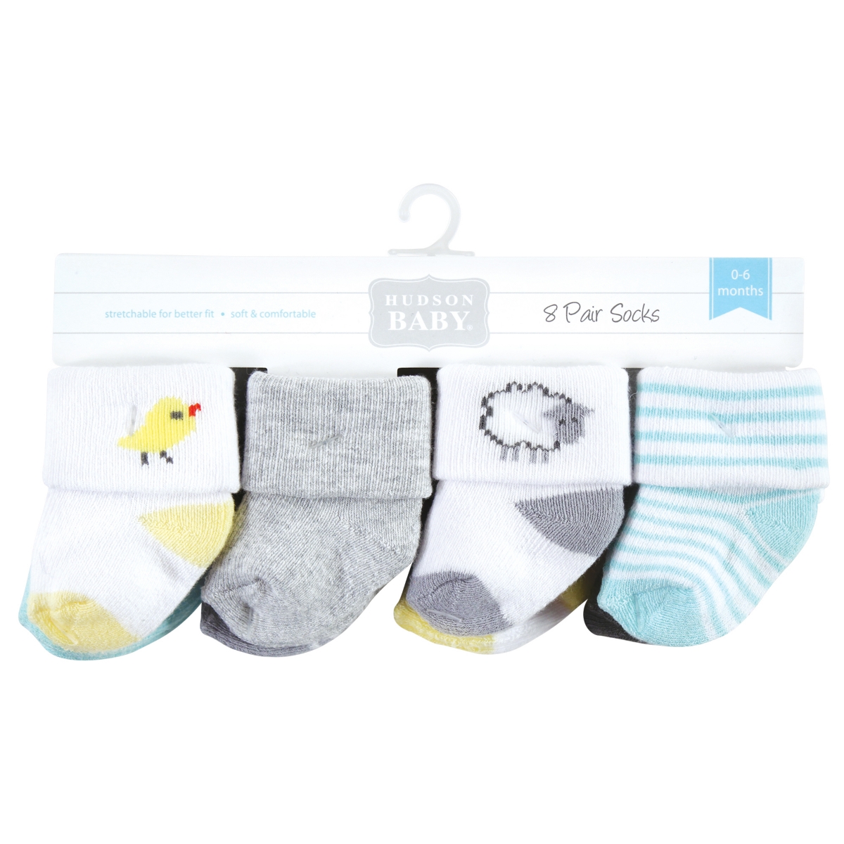 Hudson Baby Baby Boys Unisex Baby Grow with Me Cotton Terry Socks,8-Pack, 0-6 and 6-12 - Farm