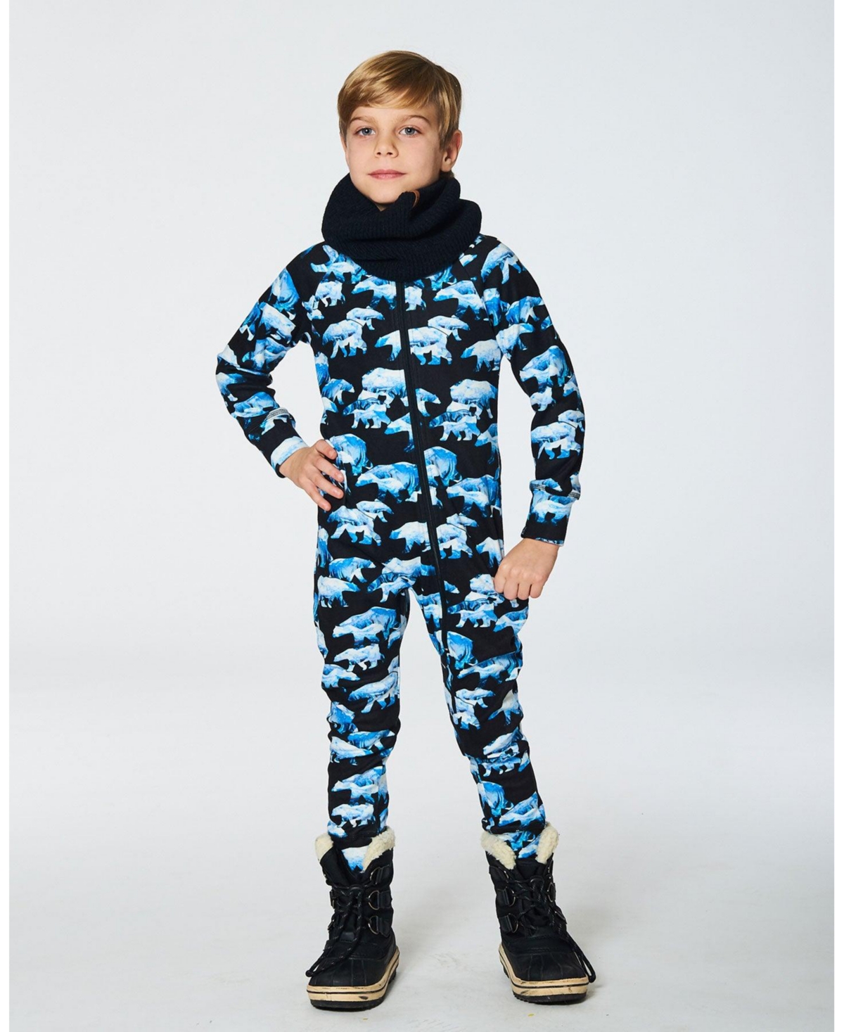 Deux par Deux Toddler Boys One Piece Thermal Underwear- Black printed polar bears