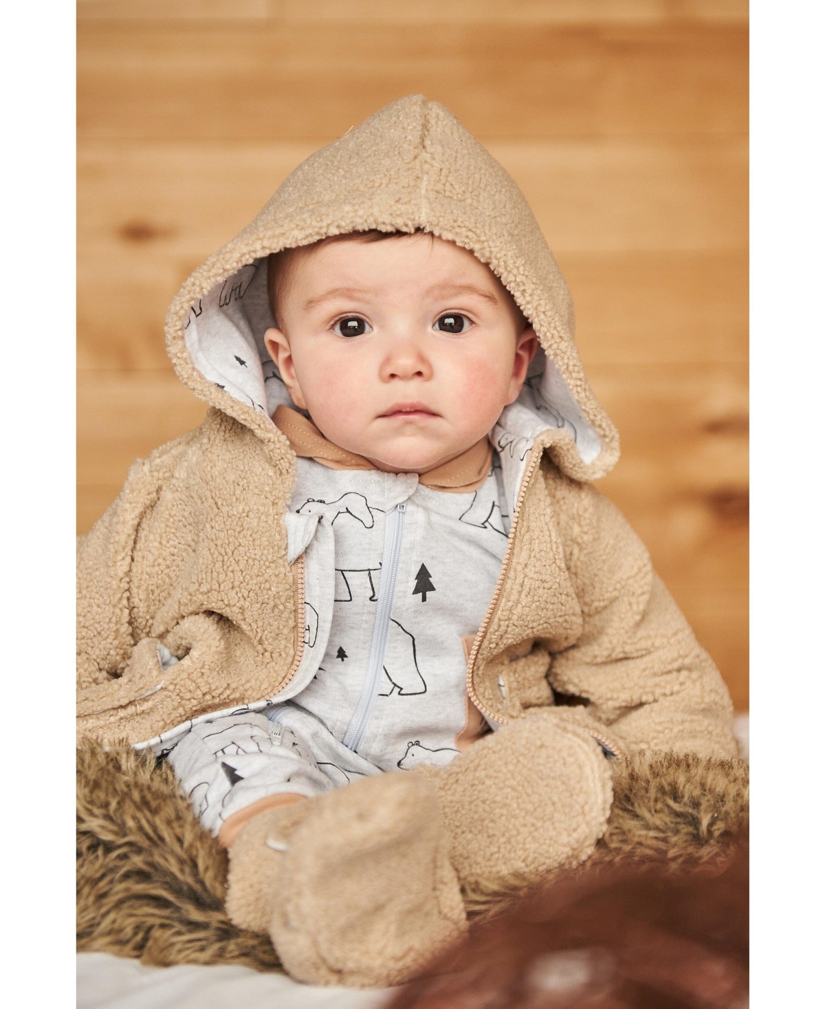 Deux par Deux Baby Boys Baby Sherpa Hooded Zip Jacket- Sand