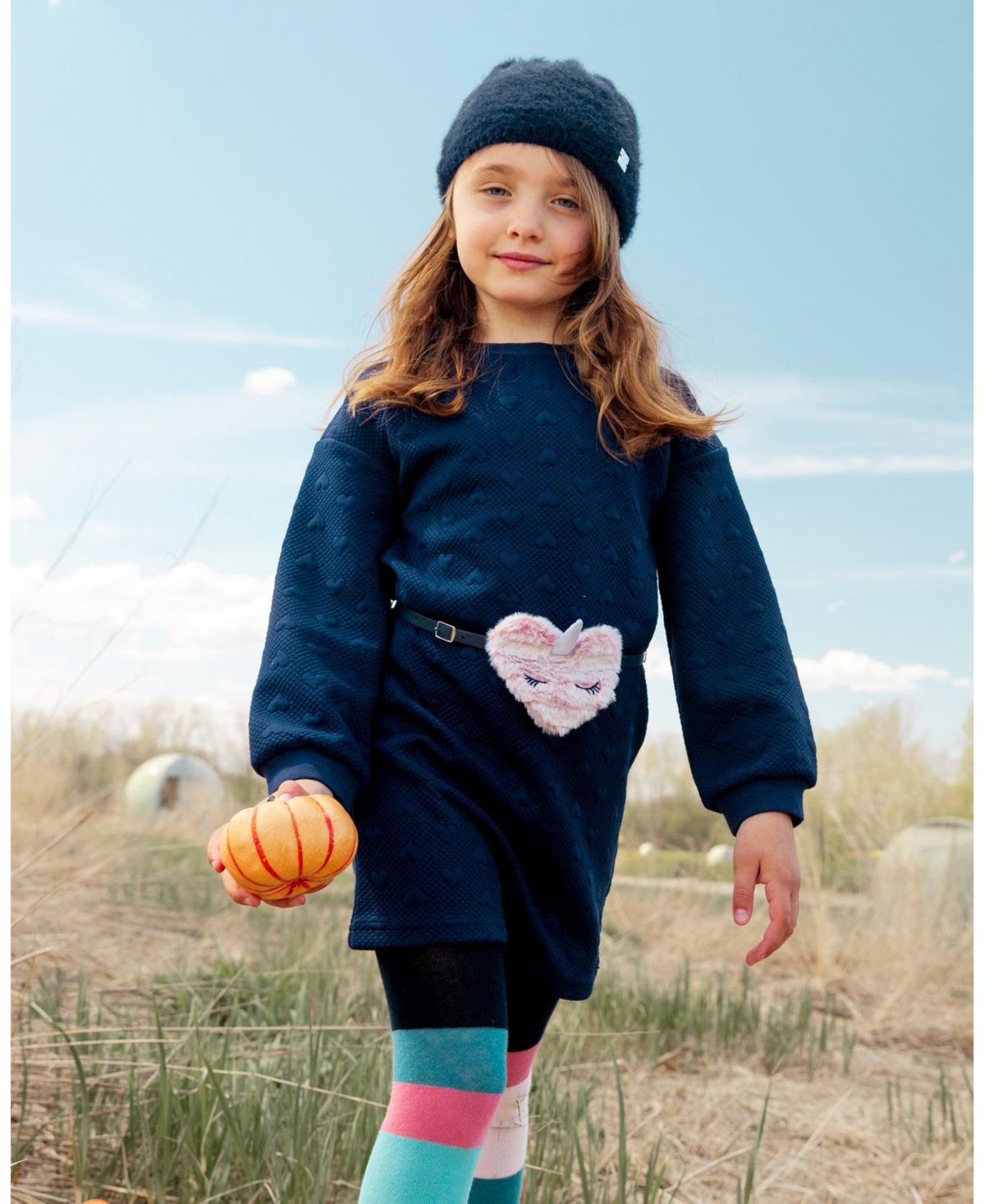 Deux par Deux Big Girls Quilted Heart Fleece Dress With Belt- Navy
