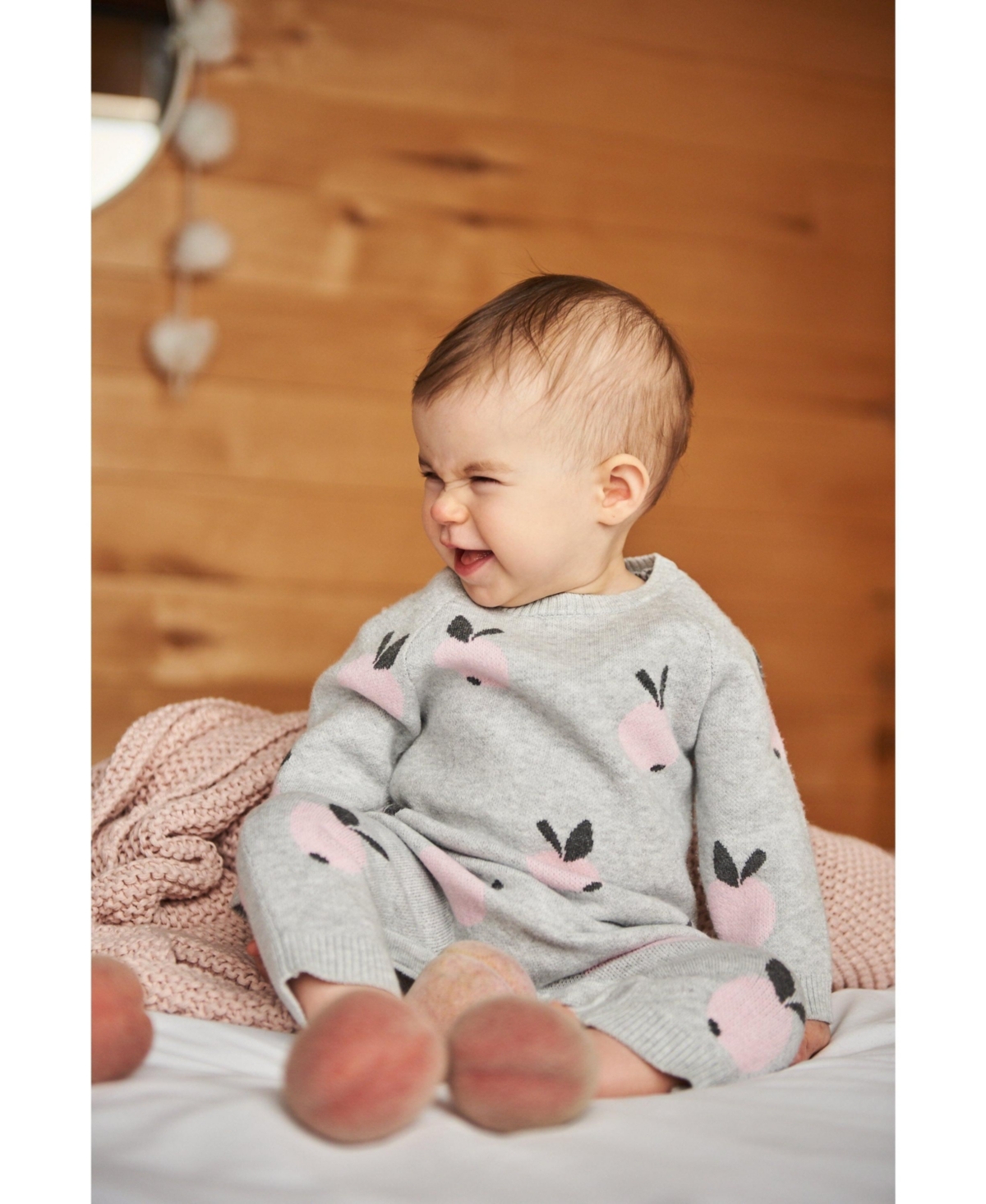Deux par Deux Baby Girls Baby Knitted Jacquard Jumpsuit Gray With Apples - Gray with knitted apples