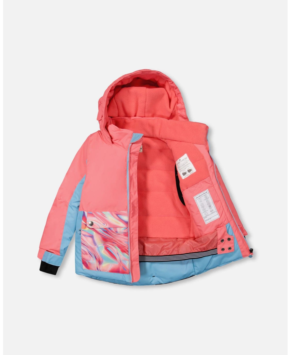 Deux par Deux Big Girls Two Piece Snowsuit Colorblock Coral And Air Blue With Printed Marble - Colorblock coral and air blue with