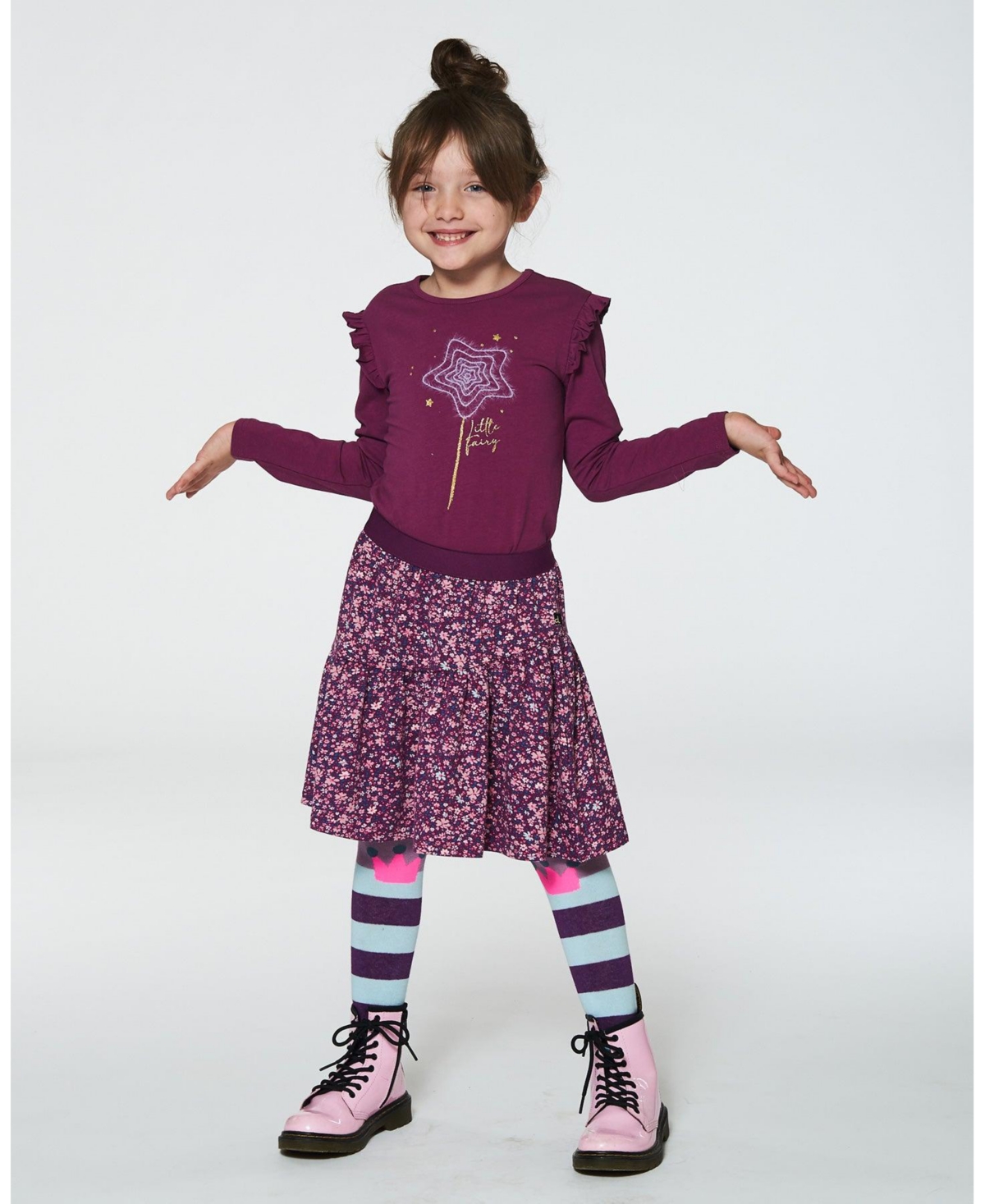 Deux par Deux Big Girls Organic Cotton T-Shirt With Frill- Burgundy