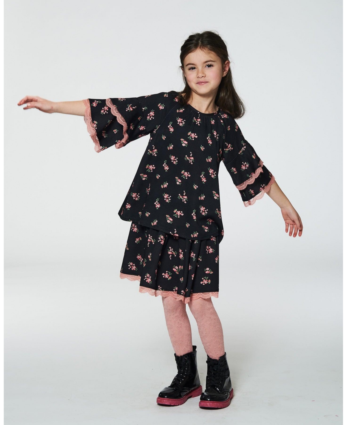 Deux par Deux Big Girls Printed Flowers Flare Viscose Skirt Black