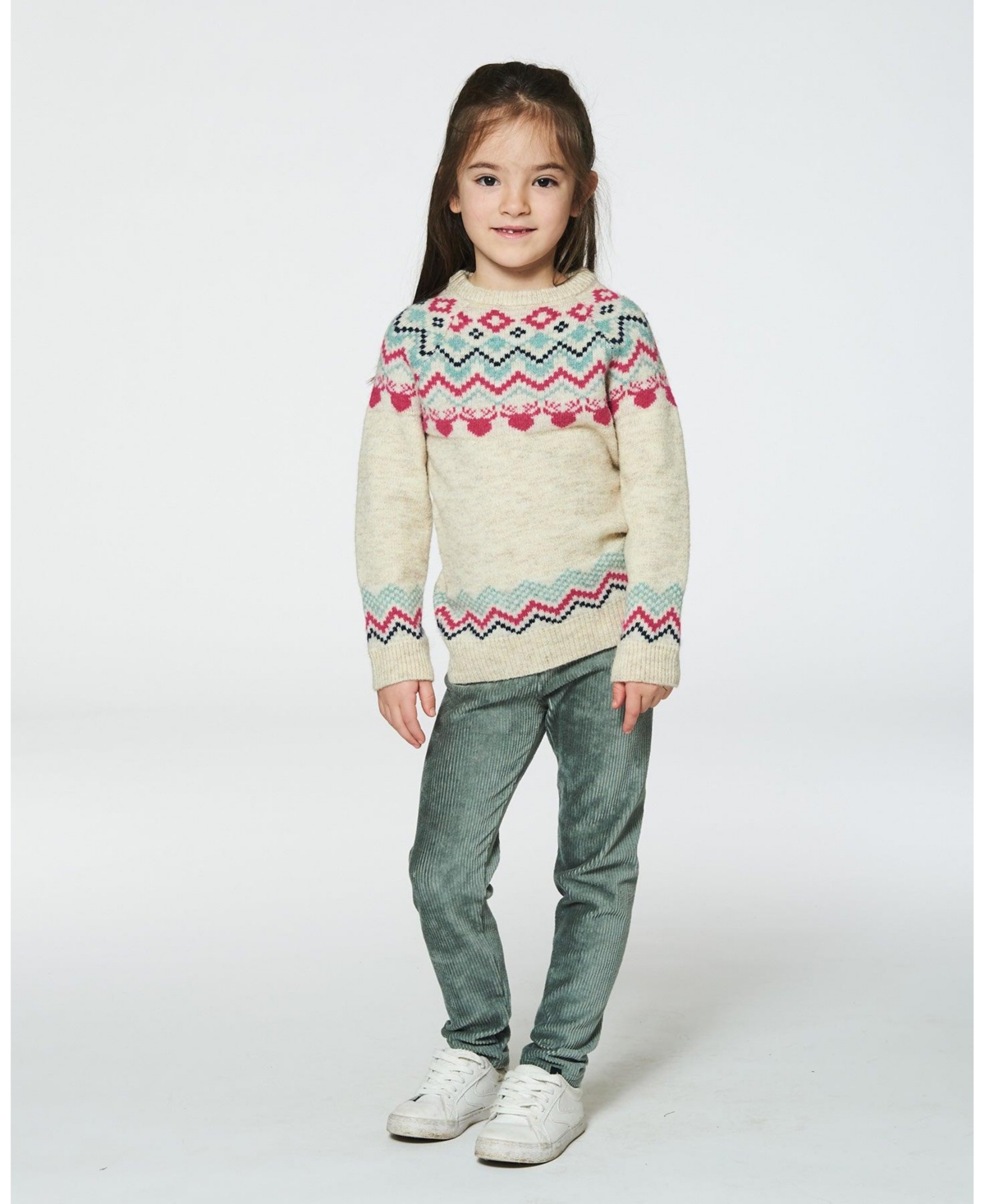 Deux par Deux Big Girls Norwegian Jacquard Sweater- Beige mix