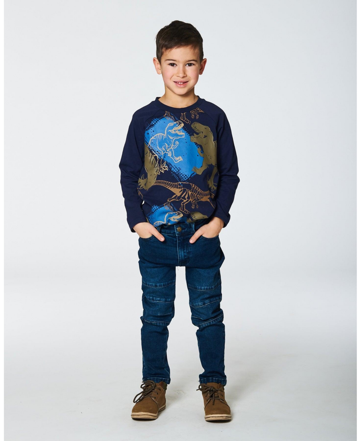 Deux par Deux Big Boys Raglan T-Shirt With Dinosaure Print Navy