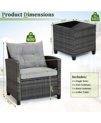 3PCS Patio Rattan Sofa Set Outdoor Wicker Conversation Set Glass Tabletop w/ Grey Cushion