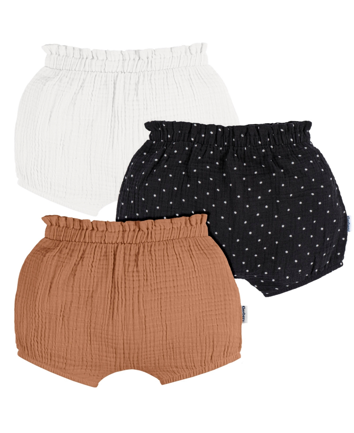 Gerber Baby Girls Baby Gauze Bubble Shorts, 3-Pack - Brown, dot, white