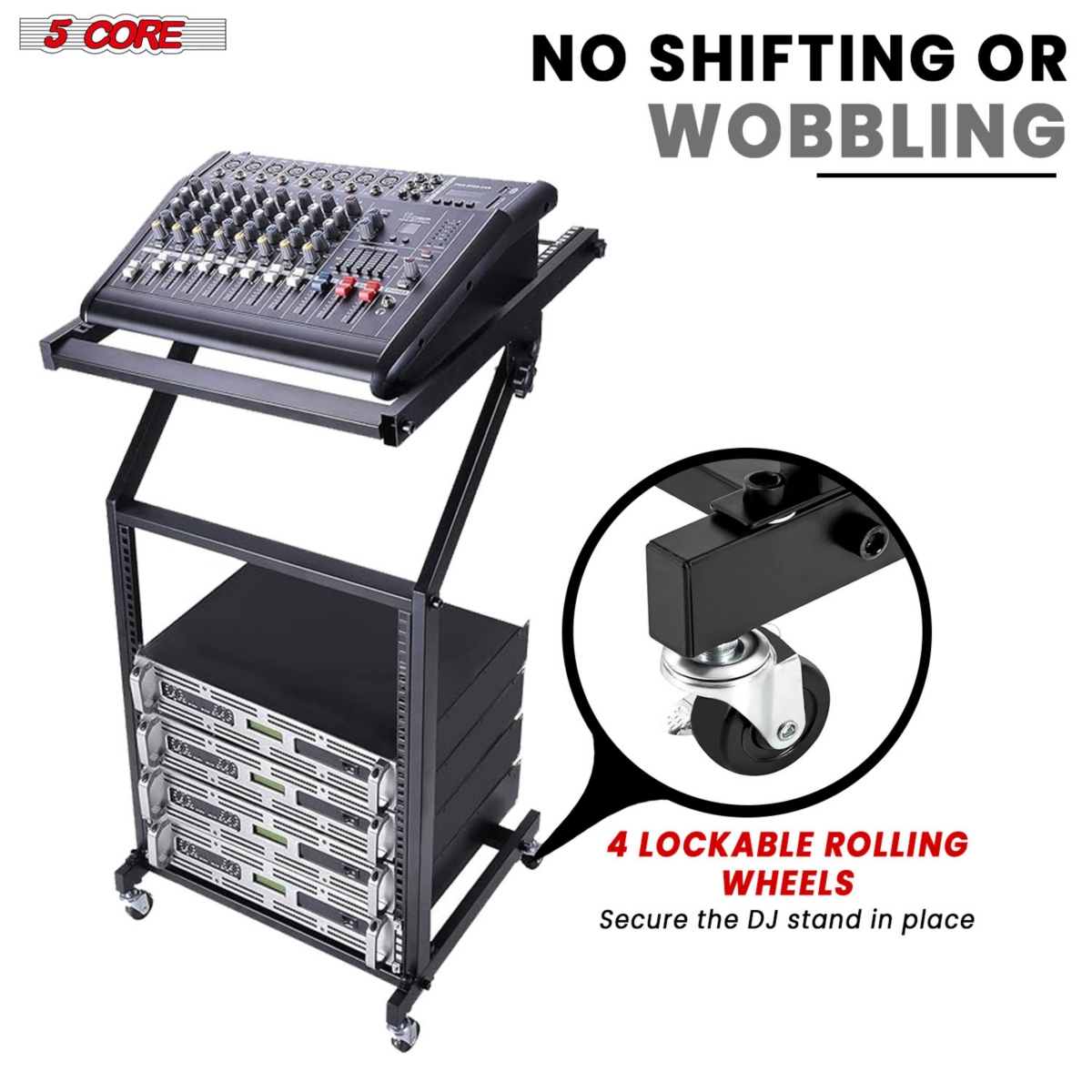 5 Core Dj Mixer Stand 9U Adjustable Rack Mount Rolling Stage Cart Pro Audio Studio Equipment for Homes Offices Stage Music Studios w Wheels - Rack Sta