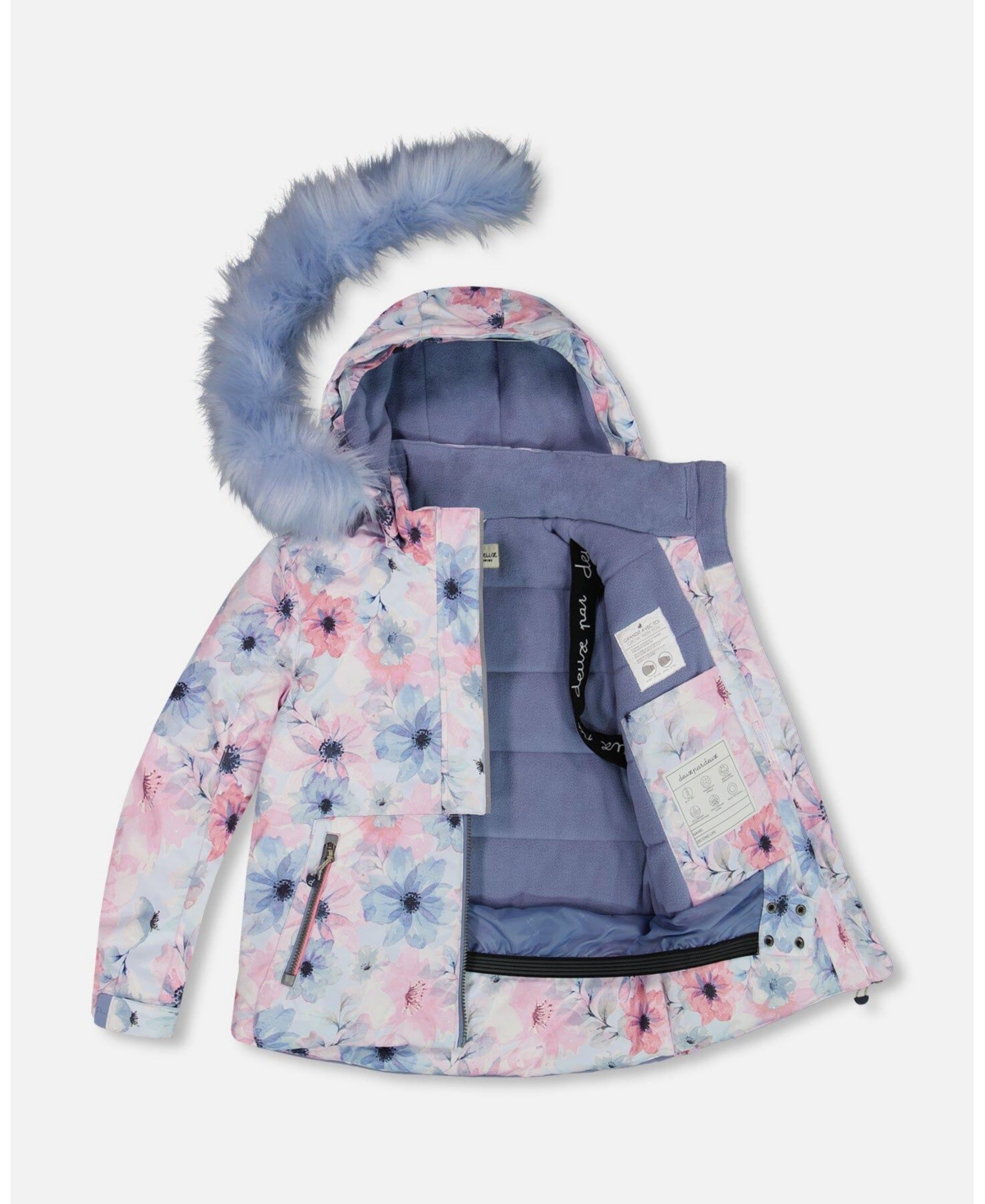 Deux par Deux Big Girls Two Piece Snowsuit Solid Pant And- Printed watercolor blue flowers