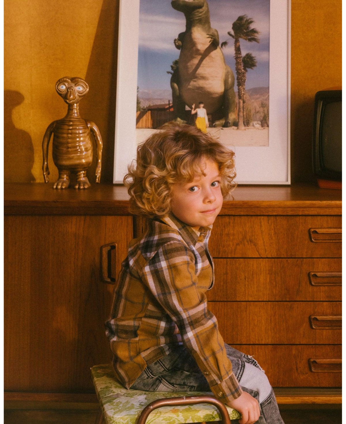 Deux par Deux Big Boys Button Down Flannel Shirt With Pocket Plaid Golden Yellow And Gray - Plaid golden yellow and gray