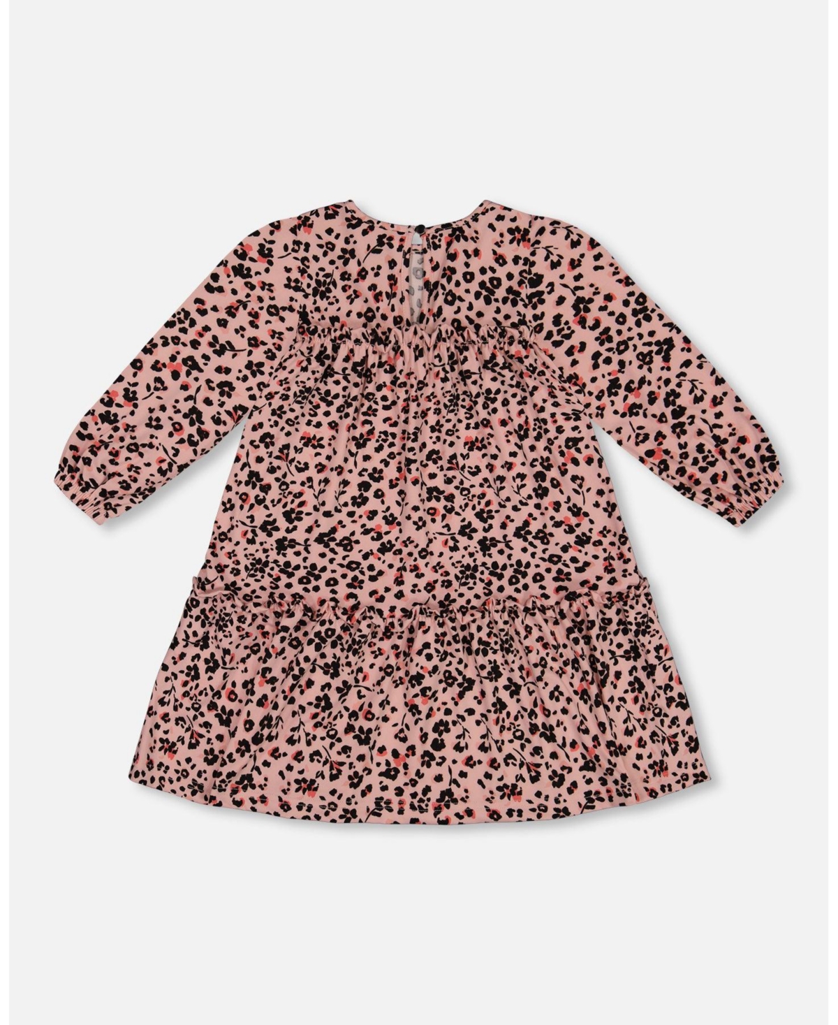 Deux par Deux Big Girls Long Sleeve Dress With Frills- Pink printed leopard flowers