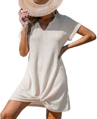 Women's Waffle Knit Short Sleeve Hem Twist Mini Cover-Up