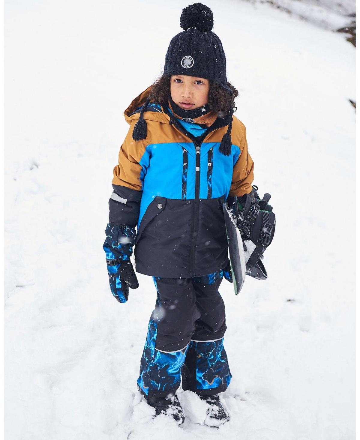 Deux par Deux Big Boys Two Piece Technical Snowsuit Brown, Blue And Black With Printed Storm - Colorblock and printed storm