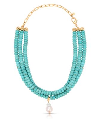 Triple Strand Turquoise Statement Necklace with Cultivated Pearl Dangle