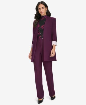 Calvin Klein Petite Cuffed Topper Jacket Floral Print Ruched Blouse Straight Leg Pants In Aubergine