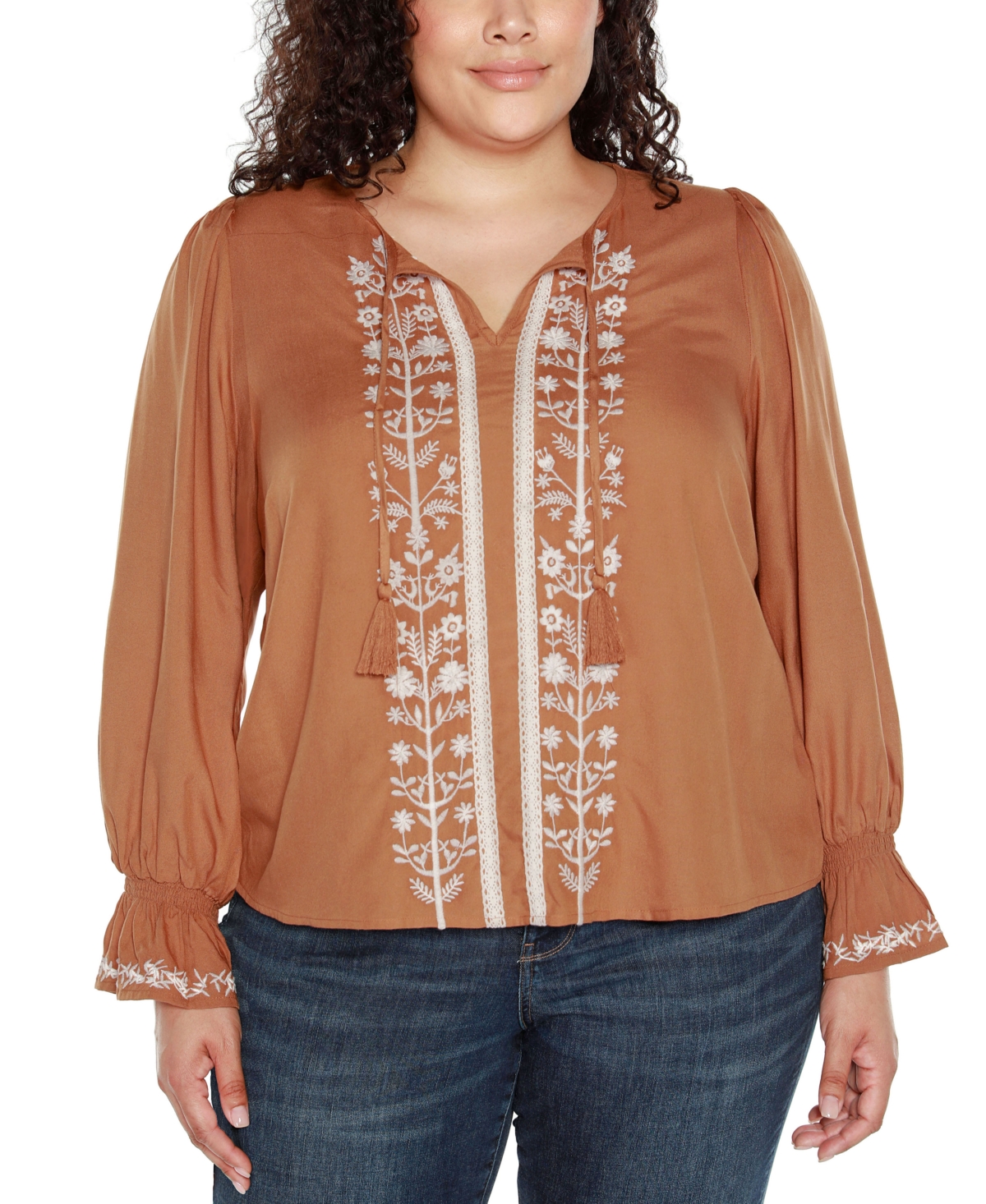 BELLDINI BLACK LABEL PLUS SIZE TIE-NECK EMBROIDERED-FRONT BLOUSE 