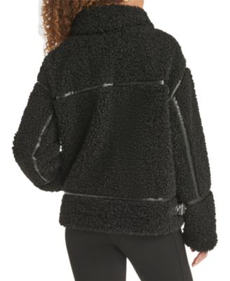 Women's Faux-Leather-Trim Teddy Moto Coat