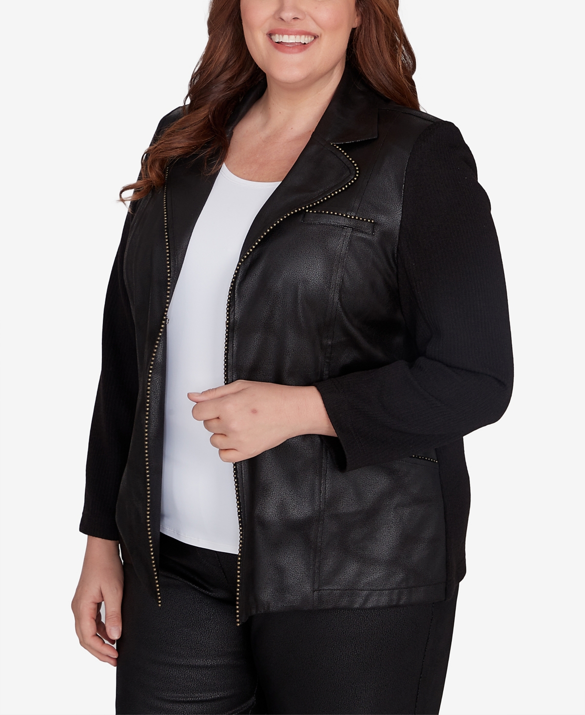 Alfred Dunner Plus Size Rue Rivoli Faux Leather Jacket With Knit Sleeves