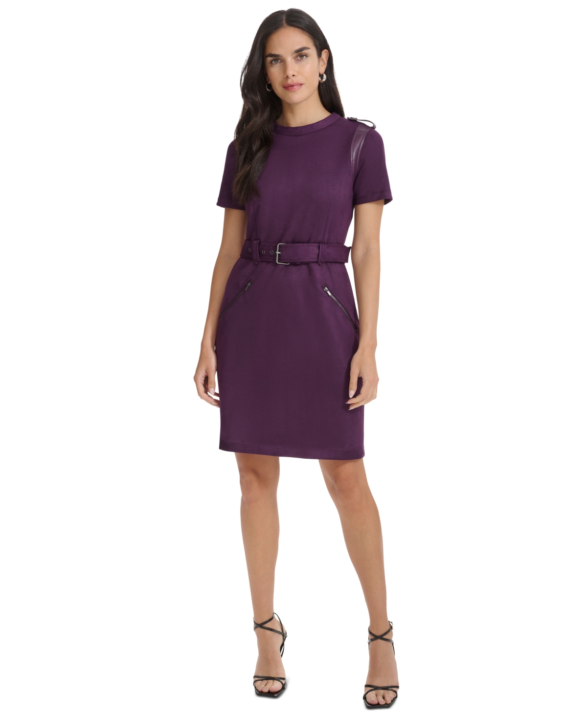 Calvin Klein Women s Faux Suede Belted Epaulet Dress Aubergine Smart Closet