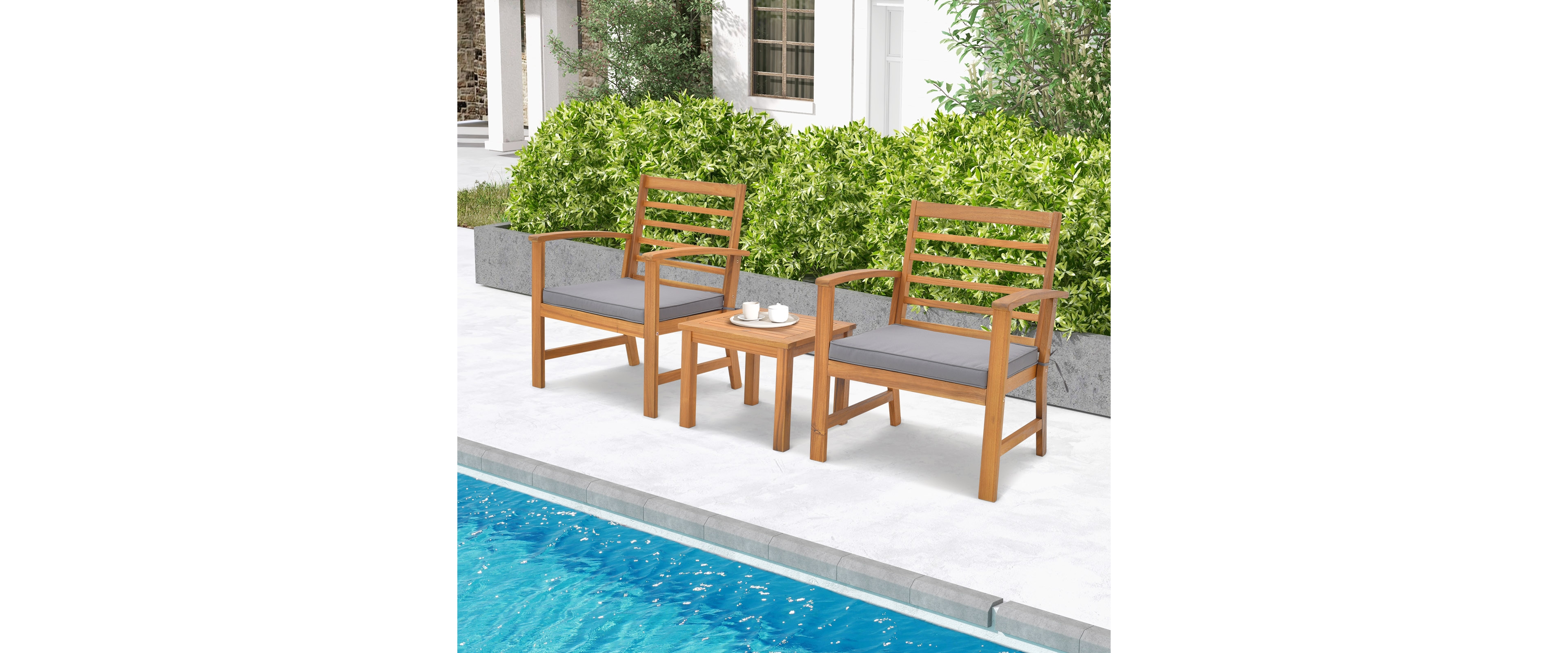 Gymax 3PCS Furniture Set Acacia Wood Conversation Set w/ Soft Seat Cushions Outdoor Gray