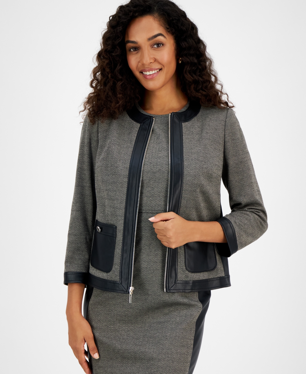 Kasper Women's Faux-Leather-Trim Herringbone Jacket -Toffee