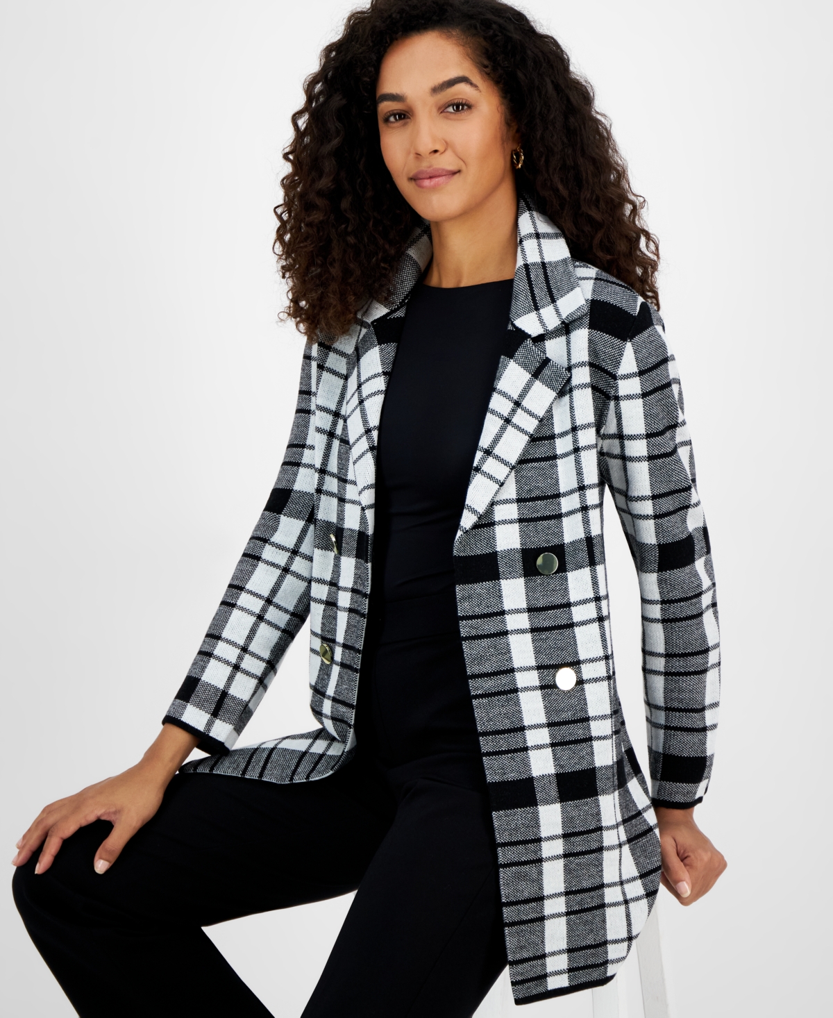 Kasper Women's Plaid Faux-Button Cardigan -Black